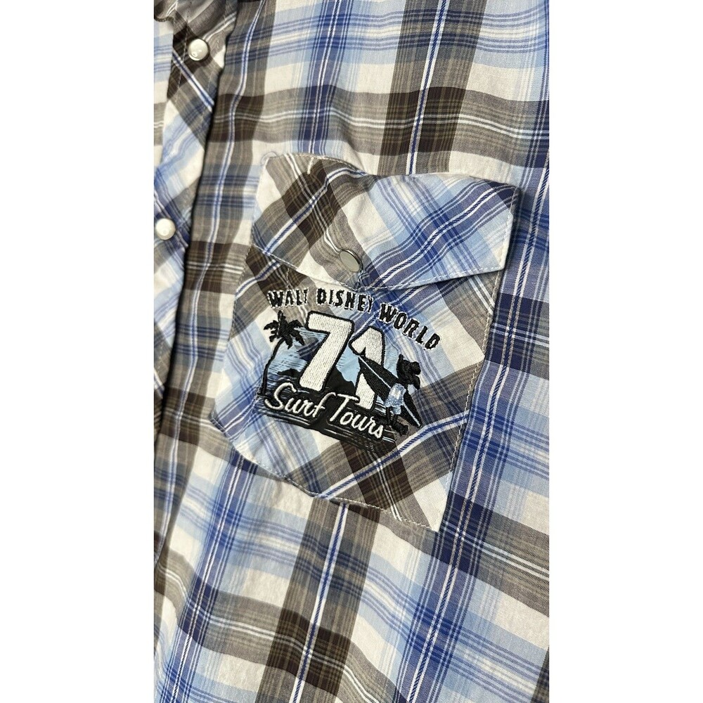 Walt DISNEY World RESORT Pearl Snap Mickey Mouse Surf Mens Shirt Blue Plaid L - Picture 2 of 5